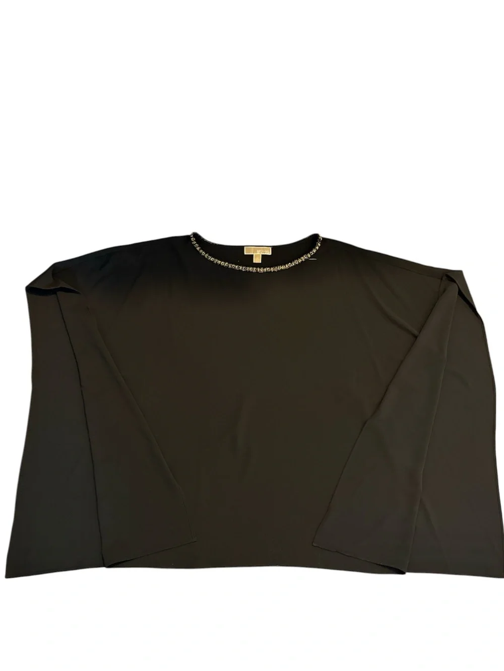 Michael Kors Gold Chain Neck Sheer Overlay Poncho Blouse Black IX